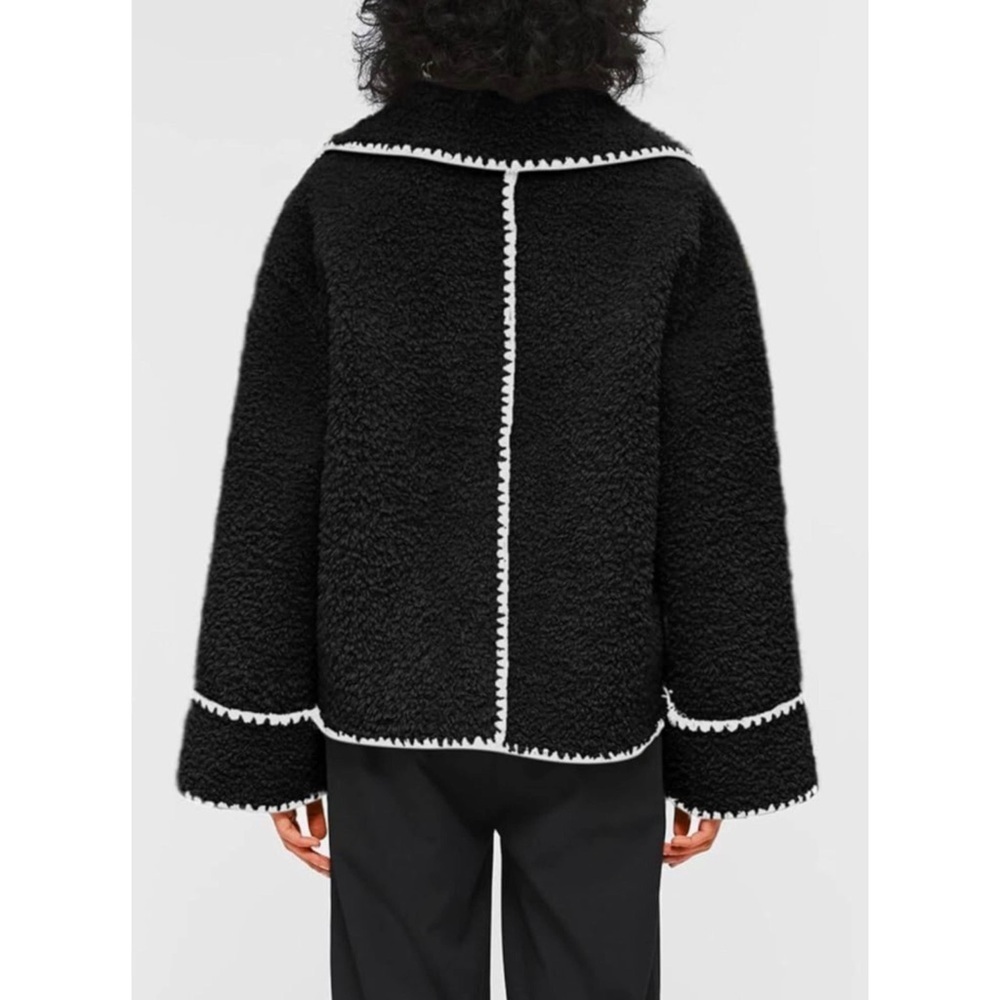 CHOUYATOU • Sherpa Fleece Jacket Casual Collar Fuzzy Coat Contrast Trims - Picture 6 of 7